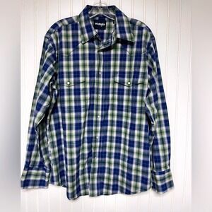 Wrangler Blue Green Plaid Pearl Snap Western Shirt Mens Large